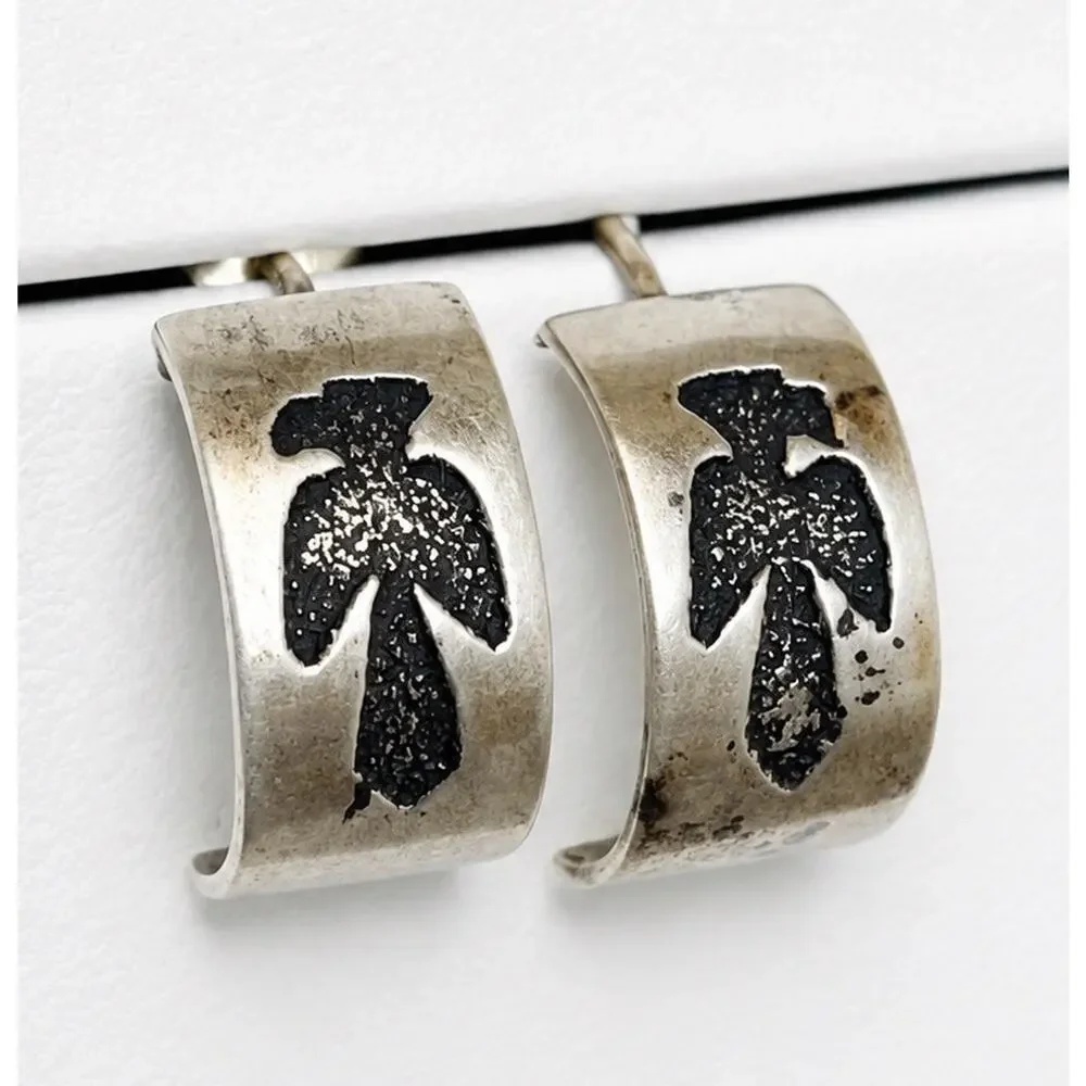 Vintage Navajo Sterling Silver Thunderbird Half Hoop Earrings Signed CT Native